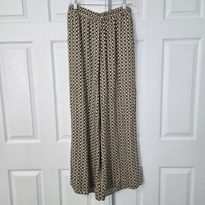 Harlyn‎ Womens Wide Leg Pants Geometric Honeycomb Print Black Tan Yellow Size M